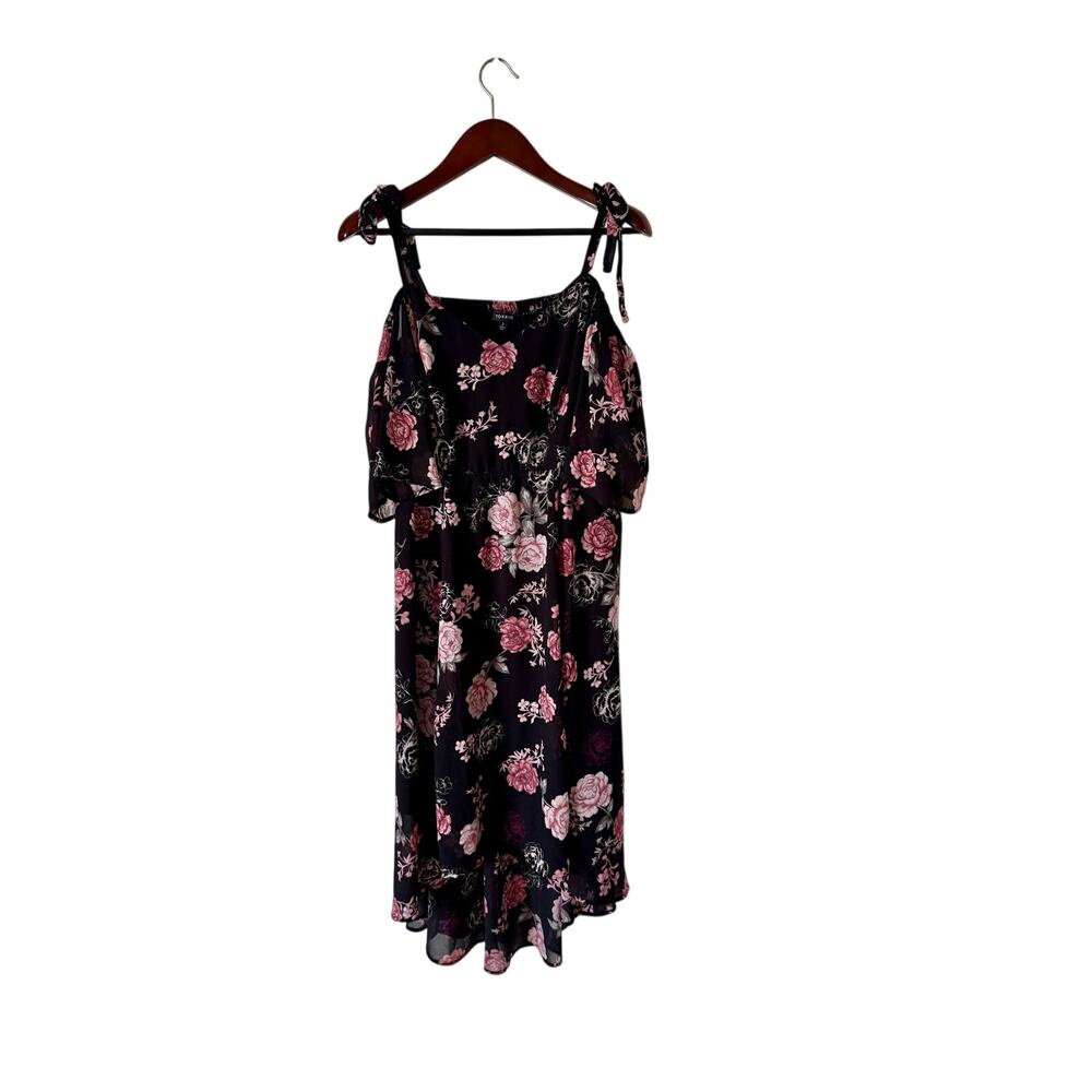 Torrid Size 2 Black Pink Floral Cold Shoulder Chiffon Midi Dress Plus 2X